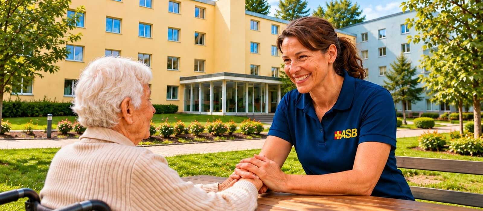 Eine ASB Mitarbeiterin sitzt mit einer alten Dame vor einem Haus