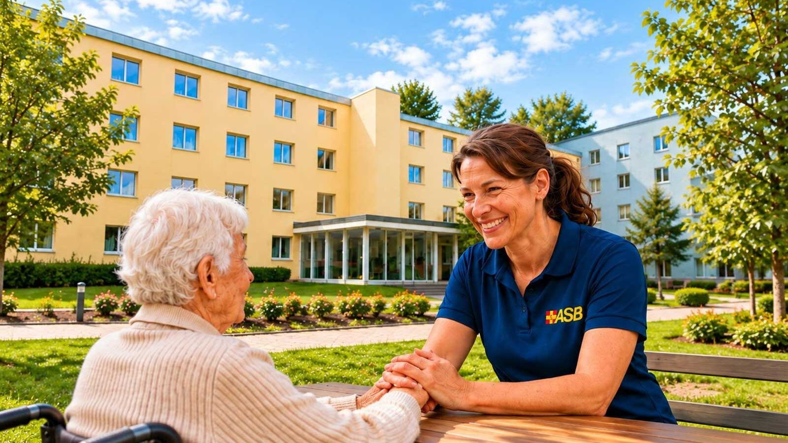 Eine ASB Mitarbeiterin sitzt mit einer alten Dame vor einem Haus